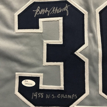 Framed Autographed/Signed Bobby Shantz 35x39 New York Grey Baseball Jersey JSA COA