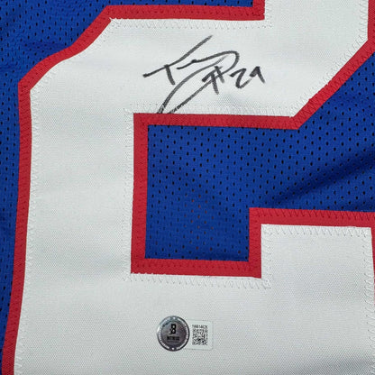 Framed Autographed/Signed Tyrone Tracy Jr. 35x39 New York Blue Football Jersey Beckett BAS COA #2