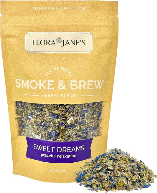 Flora Jane's Smoke & Brew - Sweet Dreams Blend for Relaxation and Sleep - Herbal Smoking Blend, Tea, and Bath Soak - Organic and Wildcrafted (Nicotine and Tobacco-Free Alternative)