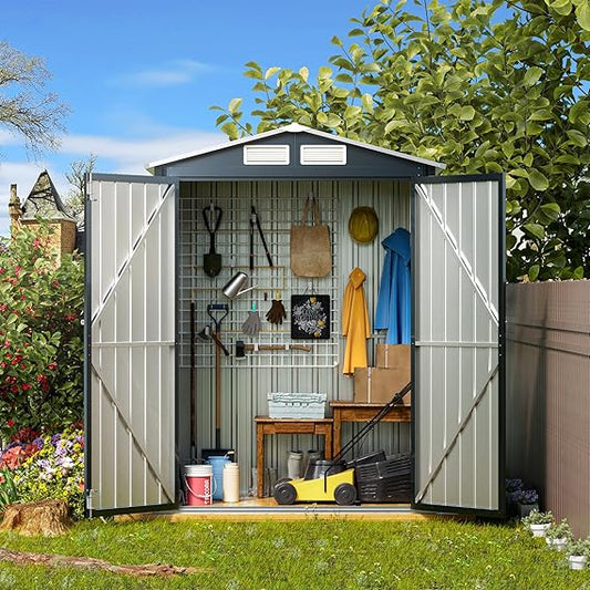 5X3X6.3FT Vertical Outdoor Steel Storage Shed with Double Lockable Doors and Frame Floor (No Wood/Other Boards), Compact Bike Shed for Garden, Garbage Can, Tool Storage, Chicken Coop
