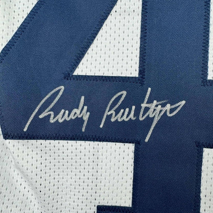 Framed Autographed/Signed Rudy Ruettiger 35x39 Notre Dame White College Football Jersey JSA COA