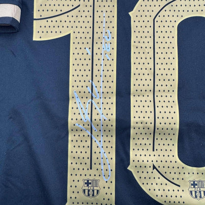 Framed Autographed/Signed Lionel Leo Messi 35x39 FC Barcelona Black Soccer Jersey Beckett BAS COA