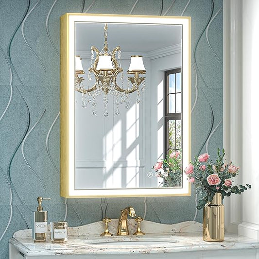 TokeShimi 20x28 Inch LED Gold Bathroom Vanity Mirror with Lights with 45¥� Angled Beveled Light, 3 Colors, Anti-Fog, Aluminum Alloy Matte Frame, Memory Funtion Stepless Dimmable for Modern Decor