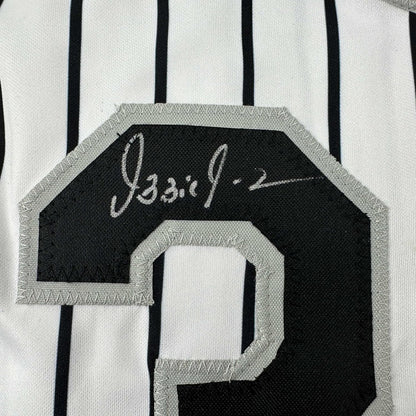 Framed Autographed/Signed Ozzie Guillen 35x39 Chicago Pinstripe Baseball Jersey JSA COA