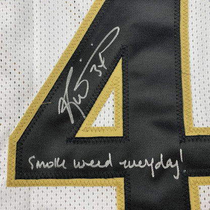 Framed Autographed/Signed Ricky Williams 35x39 Smoke Weed Everyday Inscribed New Orleans White Football Jersey JSA COA