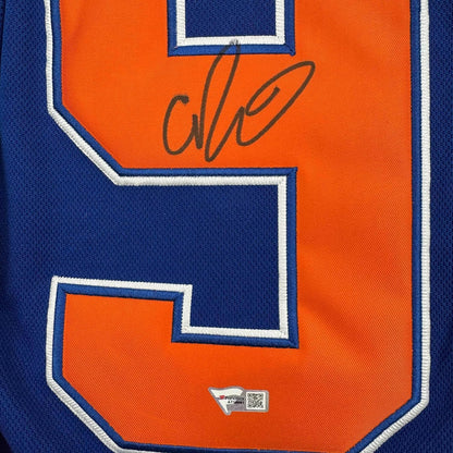 Framed Autographed/Signed Connor McDavid 35x39 Edmonton Oilers Authentic Blue Hockey Jersey Fanatics COA