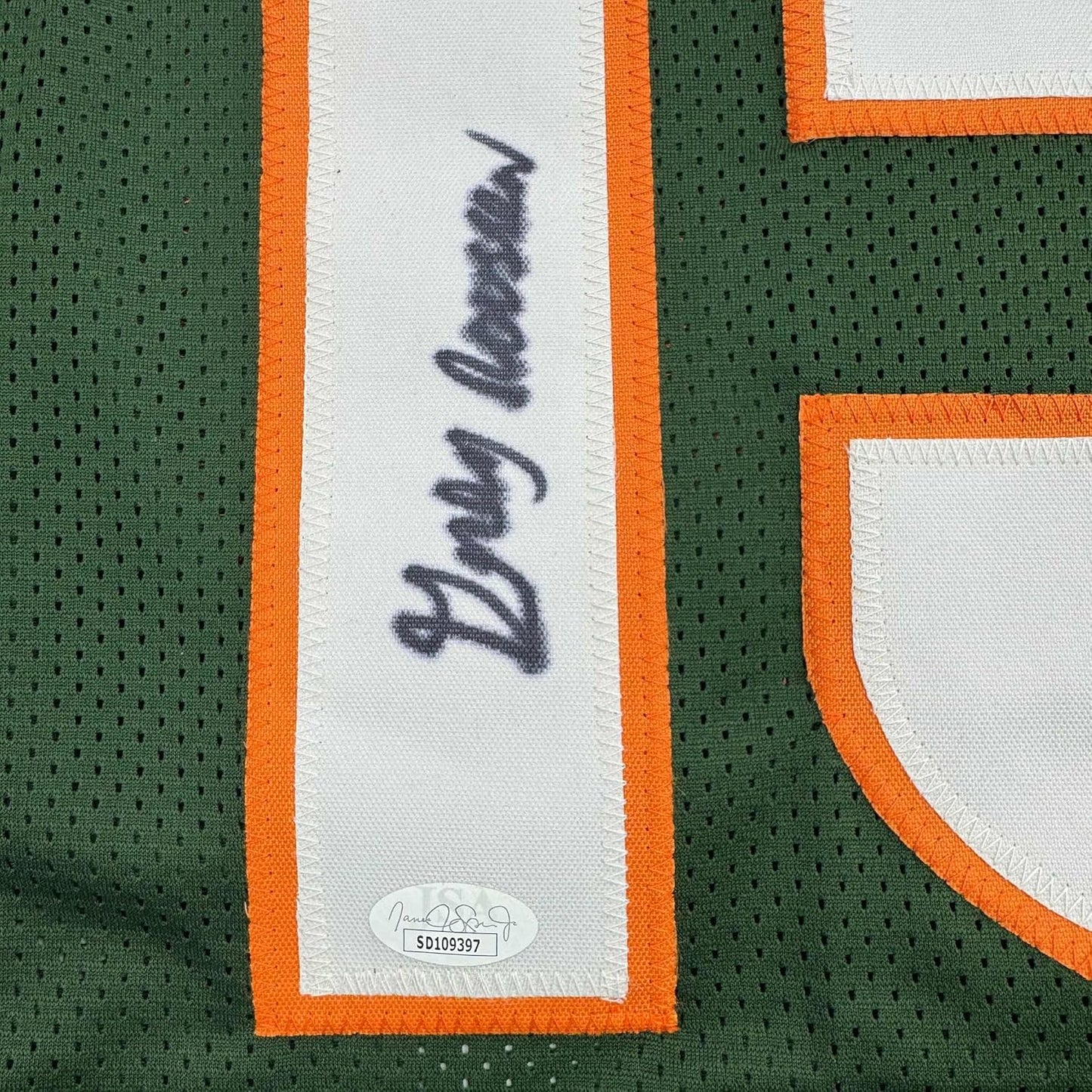 Framed Autographed/Signed Greg Rousseau 35x39 Miami Green College Football Jersey JSA COA