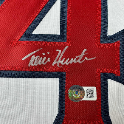 Framed Autographed/Signed Torii Hunter 35x39 Los Angeles Anaheim White Baseball Jersey Beckett BAS COA