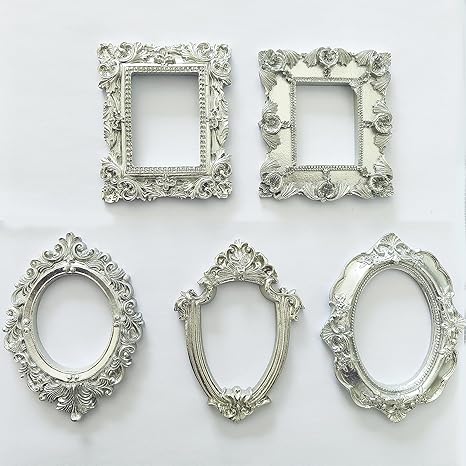 5 Pcs Siver Mini Frames - Small Vintage Flower Round Rectangle Baroque Picture Frame Table Top Jewelry Display Frame for Christmas Holiday Party Hotel Decor(without Glass or Backing)