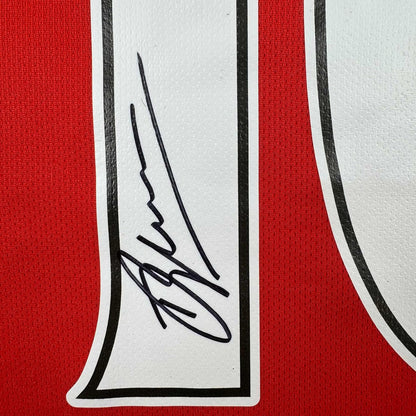 Framed Autographed/Signed Dennis Bergkamp 35x39 Arsenal Red Soccer Jersey Beckett BAS COA