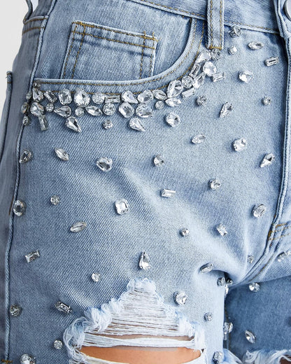 EZAPINE Women's High Waisted Denim Shorts Ripped Hem Frayed Distressed Rhinestone Short Jeans