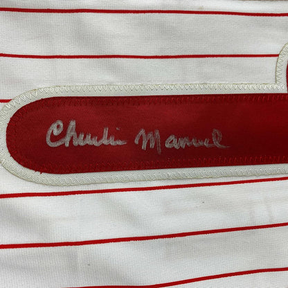 Framed Autographed/Signed Charlie Manuel 35x39 Philadelphia Pinstripe Baseball Jersey PSA/DNA COA