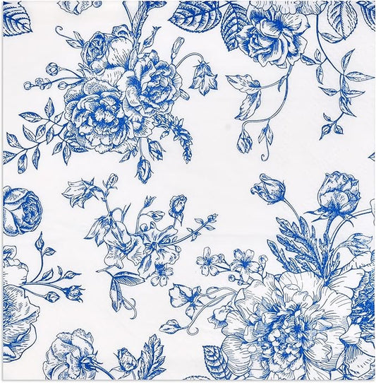 120 Floral Cocktail Beverage Napkins Blue & White Disposable Paper Spring Flowers Dessert Napkin for Wedding Holiday Birthday Party Bridal & Baby Shower Tableware Party Supplies
