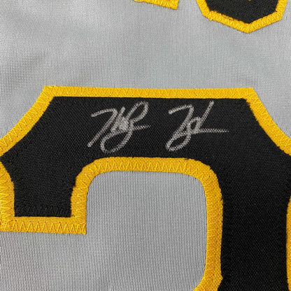 Framed Autographed/Signed Ke'Bryan Hayes 35x39 Pittsburgh Grey Baseball Jersey Beckett BAS COA