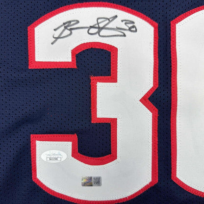 Framed Autographed/Signed Breanna Stewart 35x39 UConn Connecticut Blue College Basketball Jersey JSA COA