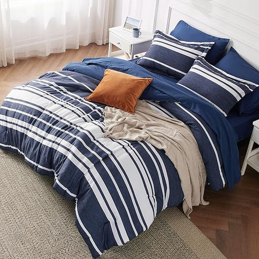 Bedsure King Comforter Set 7 Pieces, Navy Striped Bedding Set for King Size Bed Reversible, Cationic Dyeing Bed in a Bag with Comforter, Sheets, Pillowcases & Shams