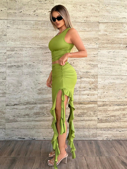 OYOANGLE Women's 2 Piece Outfits Crop Tank Top and Ruffle Trim Split Thigh Maxi Skirts Set Jumpsuit Green Small