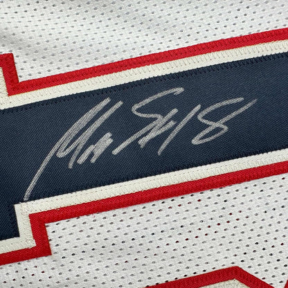 Framed Autographed/Signed Matthew Slater 35x39 New England White Football Jersey Beckett BAS COA