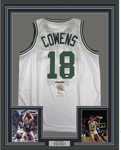 Framed Autographed/Signed Dave Cowens 35x39 Boston White Basketball Jersey JSA COA