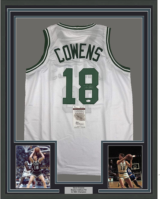 Framed Autographed/Signed Dave Cowens 35x39 Boston White Basketball Jersey JSA COA