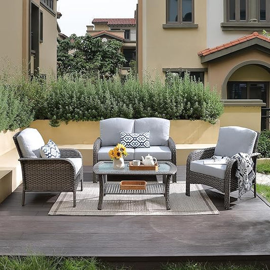4-Piece Wicker Patio Furniture Set, All-Weather Rattan Conversation Bistro Loveseat Chair and Table Set for Backyard, Balcony and Deck with Soft Cushions and Metal Table(Gray)