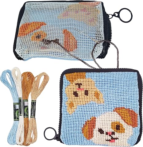 CRAFTILOO Pre Printed Needlepoint Wallet kit for Kids Embroidery Arts and Crafts Sewing Set Cross Stitch (Cat&Dog)
