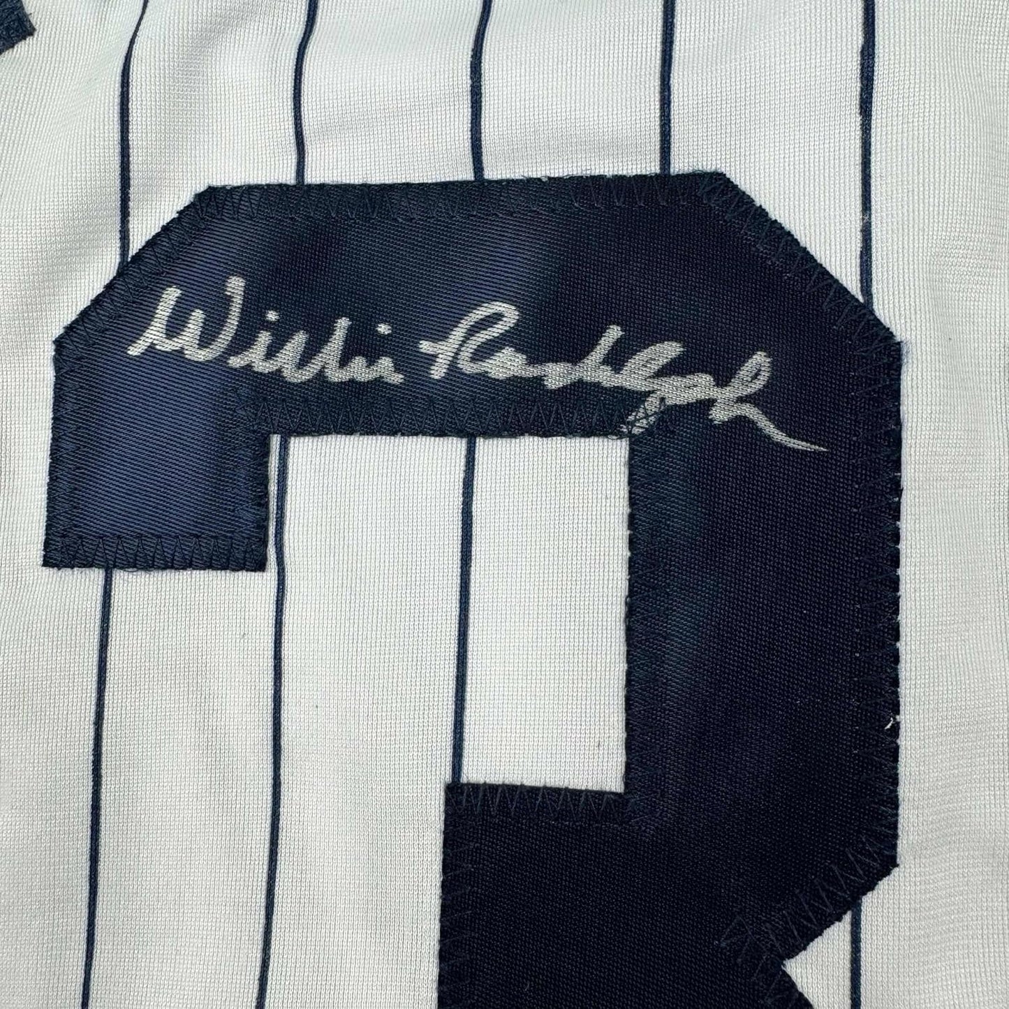 Framed Autographed/Signed Willie Randolph 35x39 New York Pinstripe Baseball Jersey Beckett BAS COA