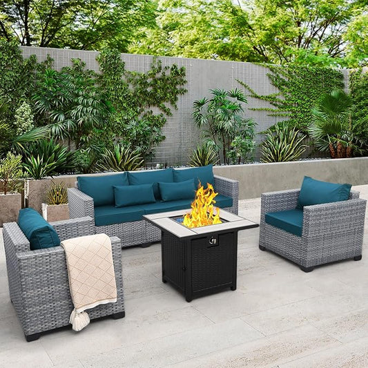 4 Piece Wicker Patio Furniture Sets Outdoor Conversation Set PE Rattan Sectional Sofa Couch with Fire Pit Table and Peacock Blue Cushions