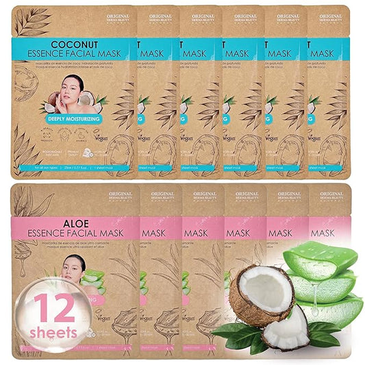 12PK (6+6) Vegan Face Masks for Skincare - Coconut, Aloe, Vitamin, Cucumber Facial Sheet Mask Korean Skin Care (Coconut & Aloe)