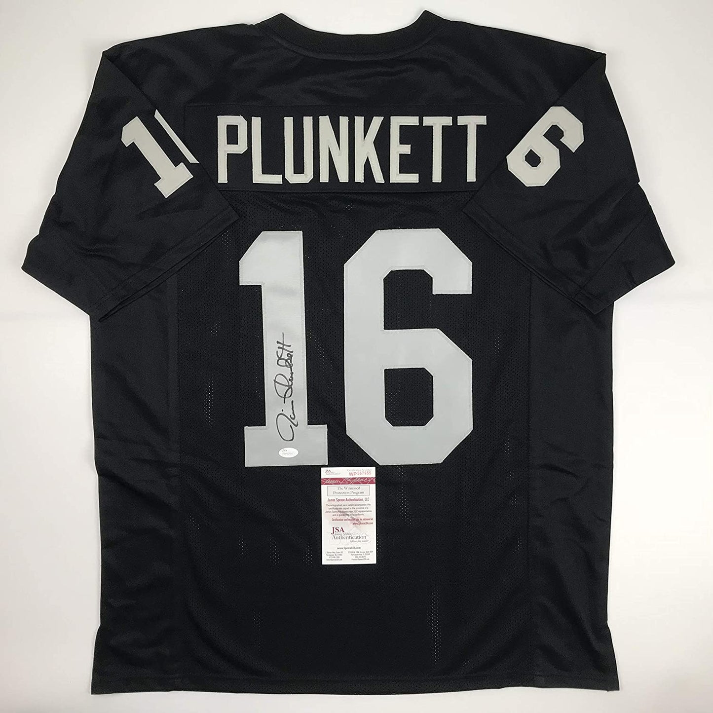 Autographed/Signed Jim Plunkett Oakland Black Football Jersey JSA COA