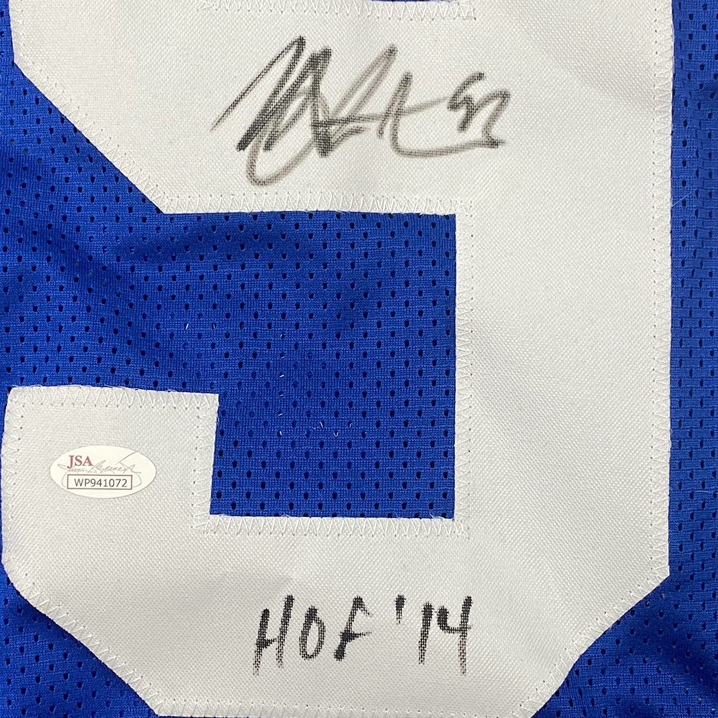 Framed Autographed/Signed Michael Strahan 35x39 HOF 14 New York Blue Football Jersey JSA COA
