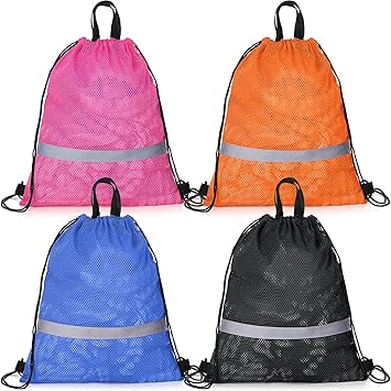 4 Pcs Summer Reflective Large Mesh Drawstring Bag with Zipper Pocket Net Quick Drying Swimming Bag Beach Soccer Mesh Backpack Foldable Swim Gear Bag for Adults Teens Sports Gym Equipment, 4 Colors