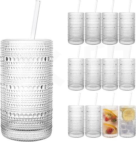 2024 Upgraded Large Capacity 16 oz/480 ml Hobnail Glasses Drinking Set of 12 - Heavy Vintage Glassware