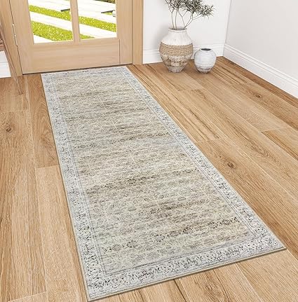 2x6 Beige Washable Runner Rug for Hallways, Soft Neutral Vintage Kitchen Rugs with Non-Slip, Non-Shedding Distressed Floral Rug for Bedroom Kitchen Porch Laundry Entryway