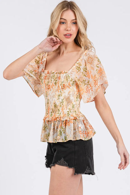 Mittoshop Floral Chiffon Smocked Square Neck Peplum Top