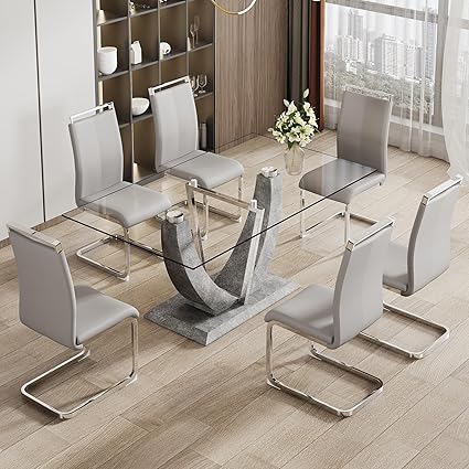 67" Glass Dining Table Set for 6, Modern Glass Dining Room Table, Tempered Glass Table Top Thick 0.39", with 6 PU Leather Chairs, for Kitchen and Dining Room