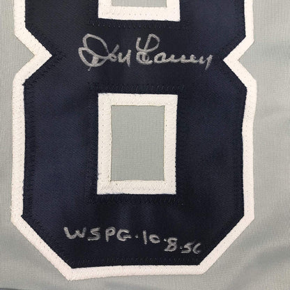 Framed Autographed/Signed Don Larsen Inscribed 35x39 New York Grey Baseball Jersey Beckett BAS COA