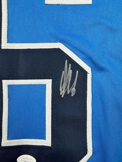Framed Autographed/Signed Aleksander Barkov 35x39 Florida Blue Reverse Retro Hockey Jersey Beckett BAS COA