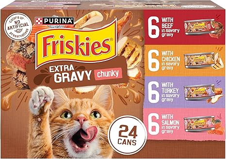 Purina Friskies Extra Gravy Wet Cat Food Chunky 24ct Variety Pack (With Chicken, Turkey, Salmon, Beef) - (Pack of 24) 5.5 oz. Cans