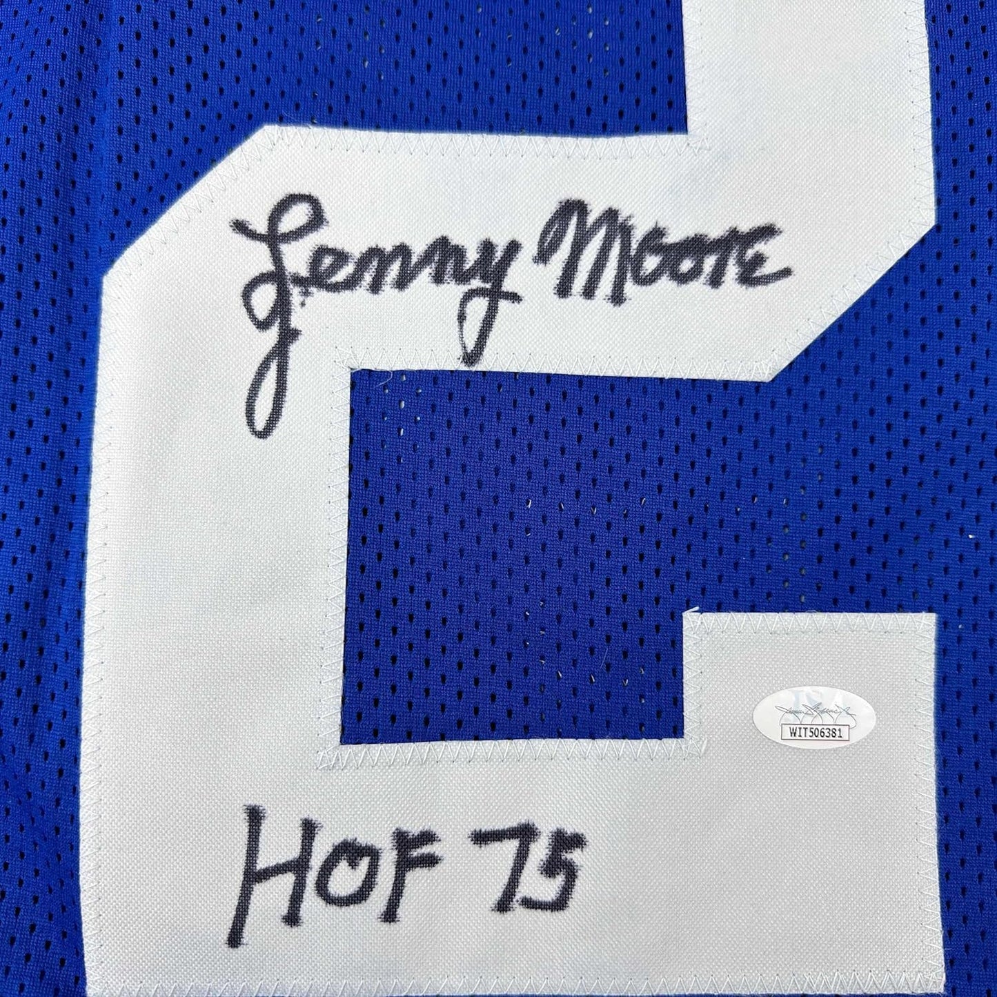 Framed Autographed/Signed Lenny Moore 35x39 HOF 75 Baltimore Blue Football Jersey JSA COA