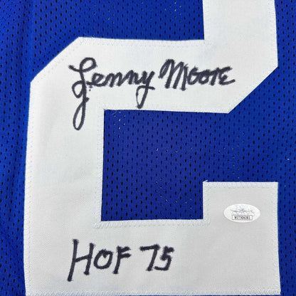 Framed Autographed/Signed Lenny Moore 35x39 HOF 75 Baltimore Blue Football Jersey JSA COA
