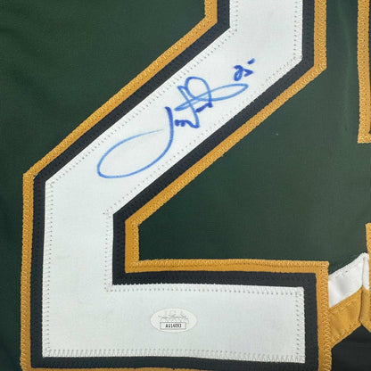 Framed Autographed/Signed Joe Nieuwendyk 35x39 Dallas Green Hockey Jersey JSA COA