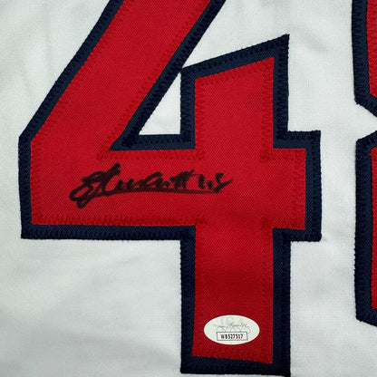 Framed Autographed/Signed Emmanuel Clase 35x39 Cleveland White Baseball Jersey JSA COA