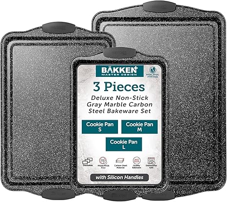 BAKKEN Cookie Sheets for Baking Nonstick Set - 3-Piece Stackable Carbon Steel Baking Sheet Pans Set with Silicone Handles, Non Toxic Cookie Sheets for Baking Bakeware Set - Gray Marble