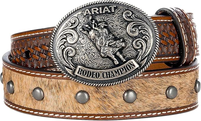 ARIAT Boys' Calf Hair Western Belt with Silver Rodeo Champion Buckle