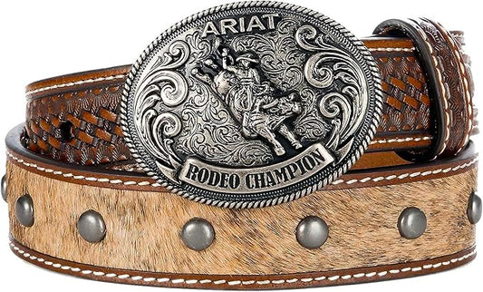 ARIAT Boys' Calf Hair Western Belt with Silver Rodeo Champion Buckle