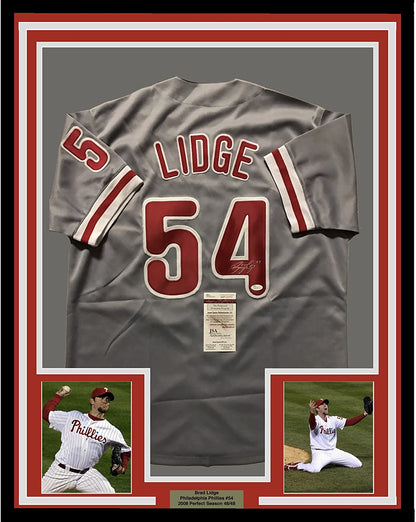 Framed Autographed/Signed Brad Lidge 35x39 Philadelphia Grey Baseball Jersey JSA COA