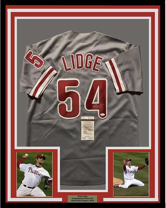 Framed Autographed/Signed Brad Lidge 35x39 Philadelphia Grey Baseball Jersey JSA COA