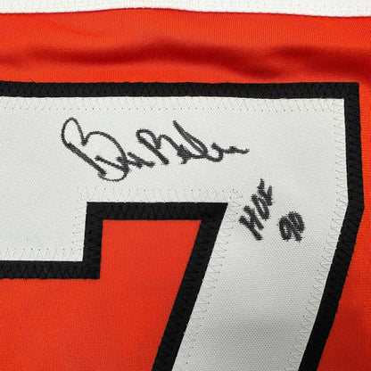 Framed Autographed/Signed Bill Barber 35x39 HOF 90 Philadelphia Orange Hockey Jersey Beckett BAS COA