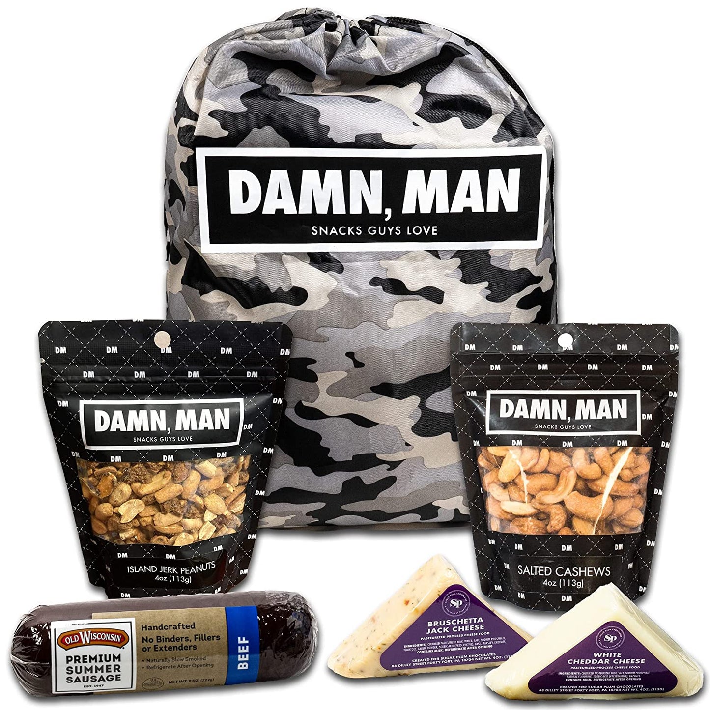 Sausage, Cheese, Nuts Gift Basket - 1 1/2 Lbs of Premium Cheese, Beef Sausage, Nuts in Reusable Camo Gift Bag, Great Mens Gift Box for Birthday, Care Package, Unique Charcuterie Meat and Cheese Food Gift Box